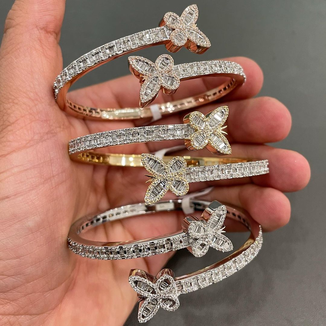Moissanite Butterfly Baguette Diamond Bracelet - Open Cuff Bangle