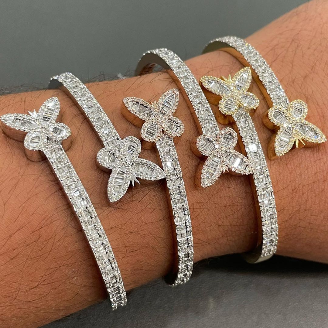 Moissanite Butterfly Baguette Diamond Bracelet - Open Cuff Bangle