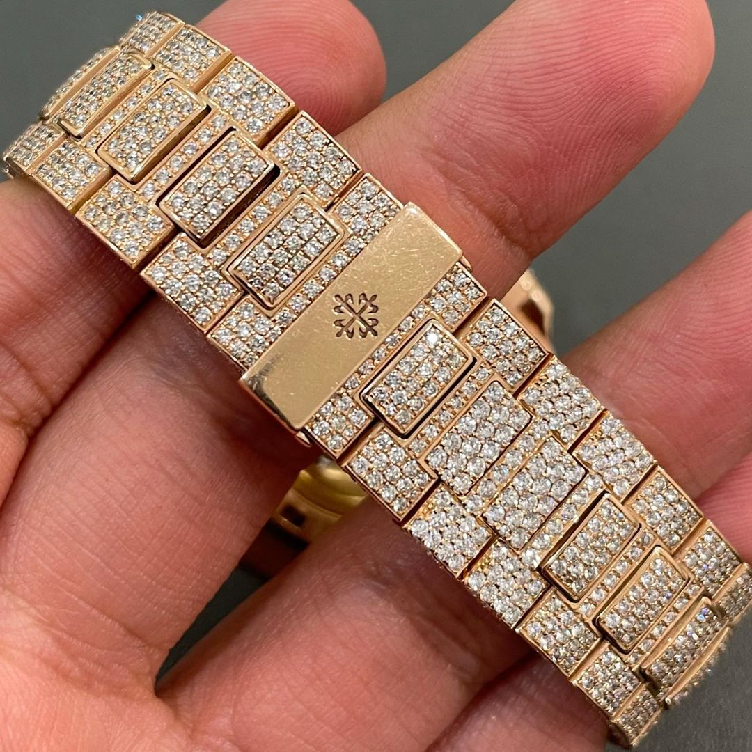 iced out patek philippe nautilus rose gold moissanite diamond watch