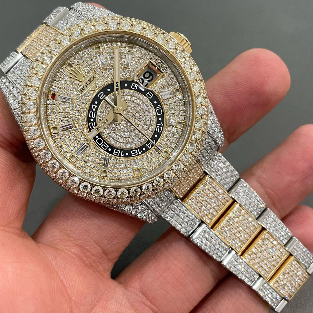 Rolex Sky-Dweller Gold Moissanite Iced Out Watch