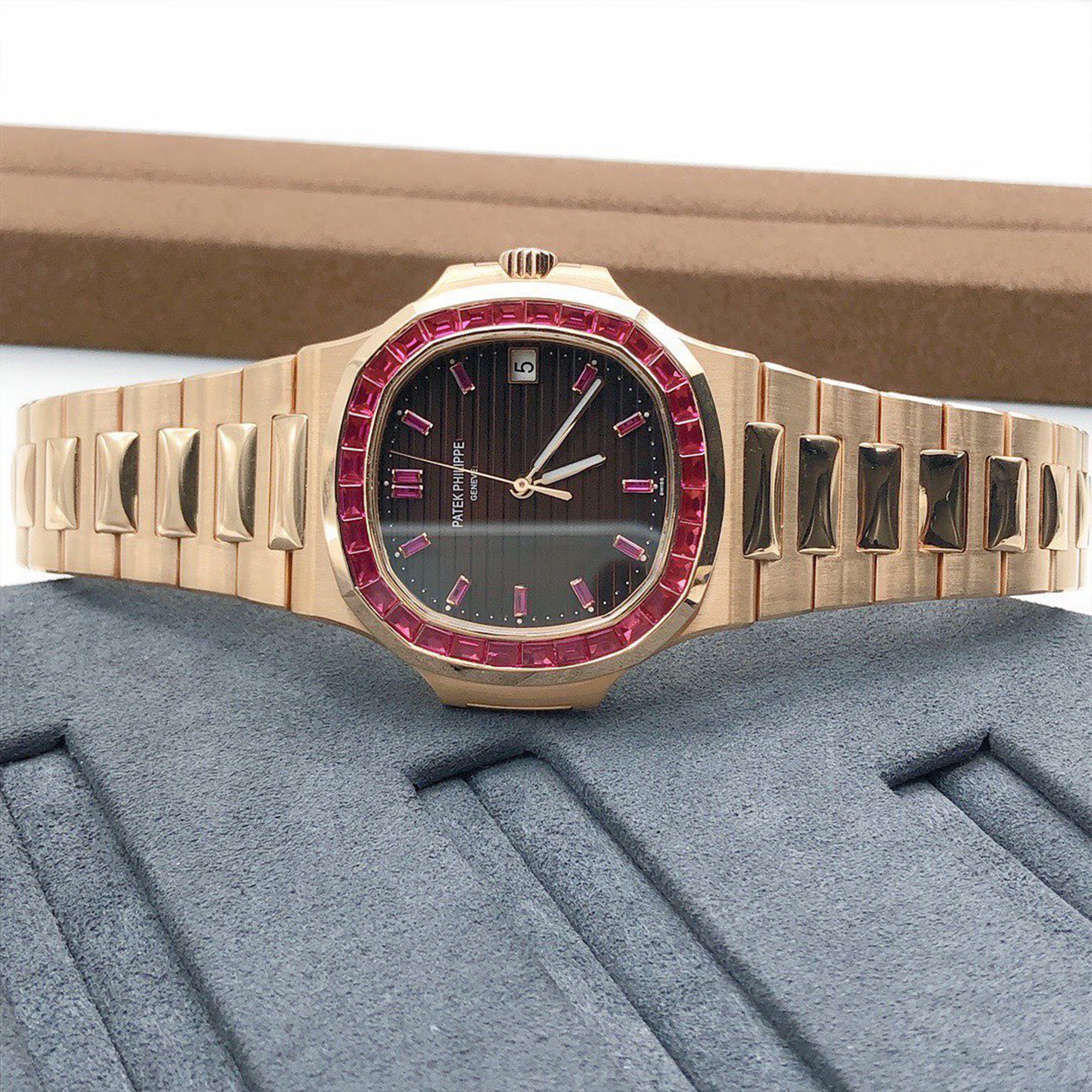 Patek Philippe Nautilus Ruby Bezel Watch | Iced Out Patek | Patek Philippe Moissanite Watch