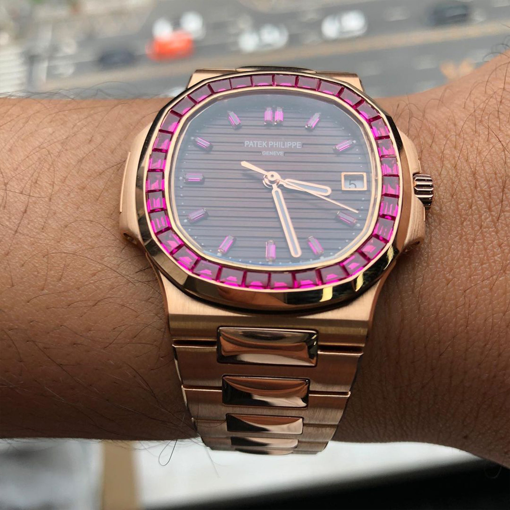 Patek Philippe Nautilus Ruby Bezel Watch | Iced Out Patek | Patek Philippe Moissanite Watch