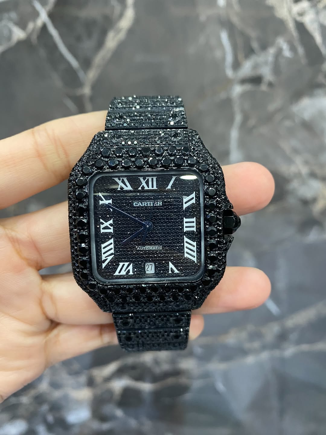 Full Iced Out Black Moissanite Cartier Santos Watch with Black Dial and Black PVD Finish