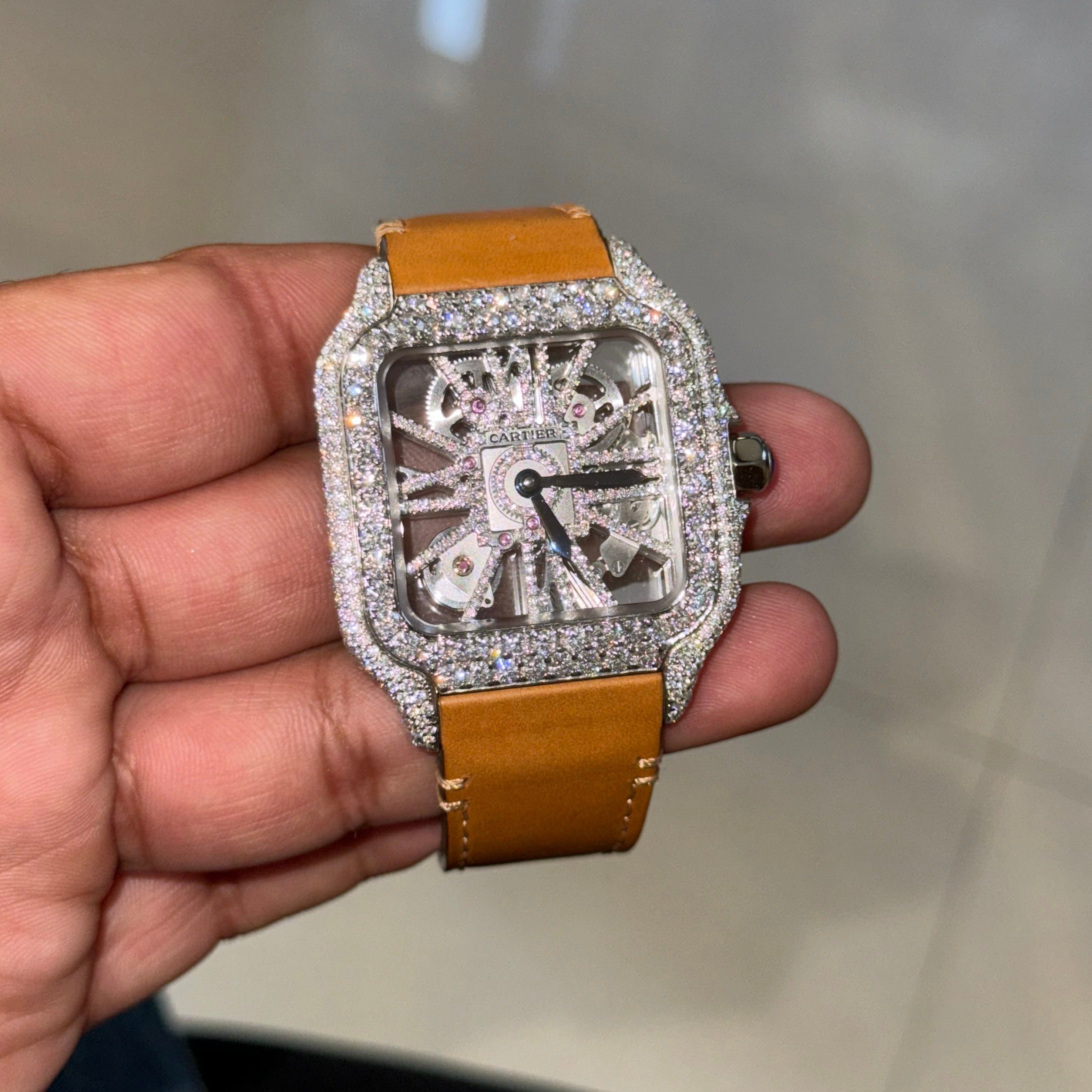 Iced Out Cartier Skeleton Moissanite Diamond Watch | Brown Leather Strap