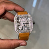 Iced Out Cartier Skeleton Moissanite Diamond Watch | Brown Leather Strap