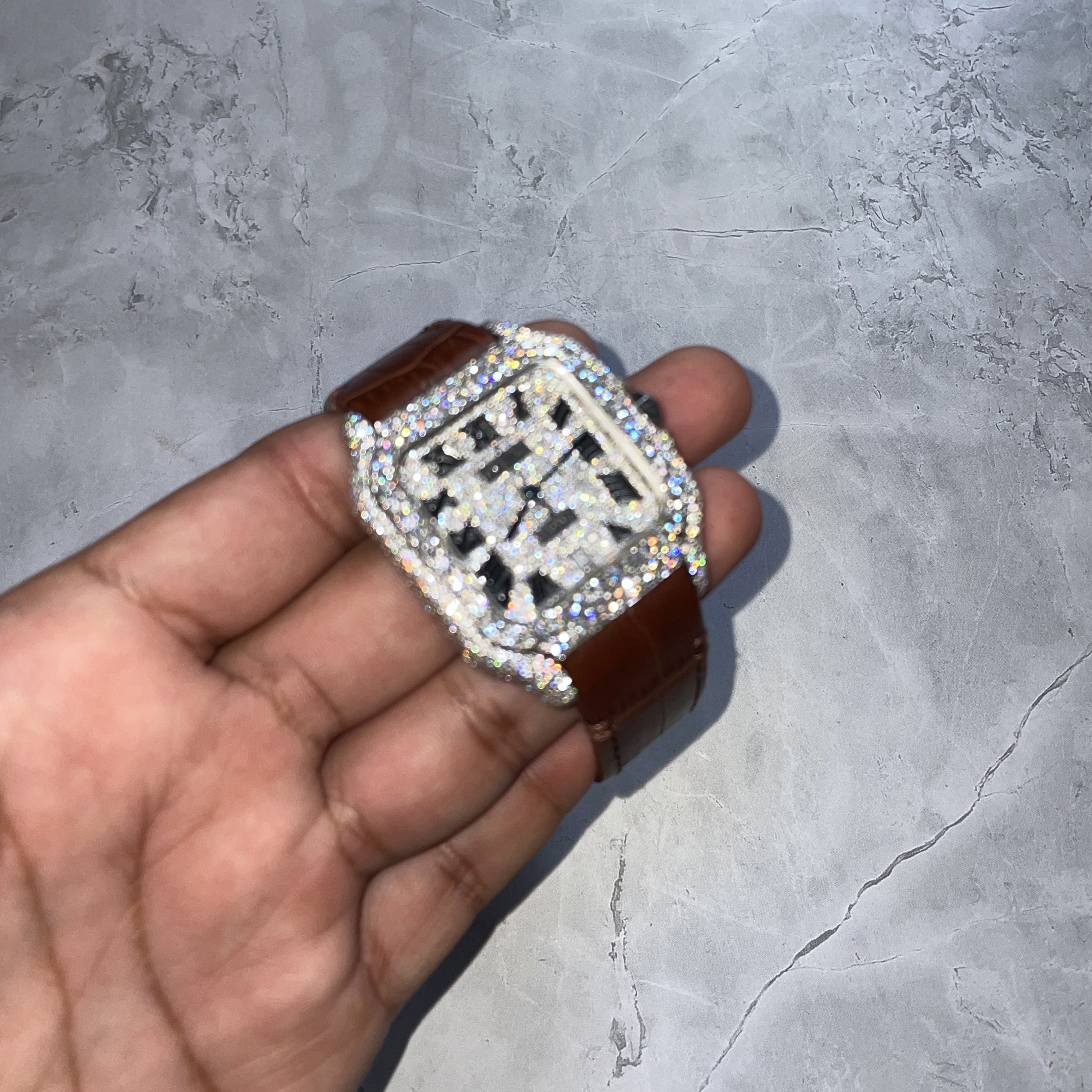 Moissanite Cartier Santos Diamond Watch in Leather Strap
