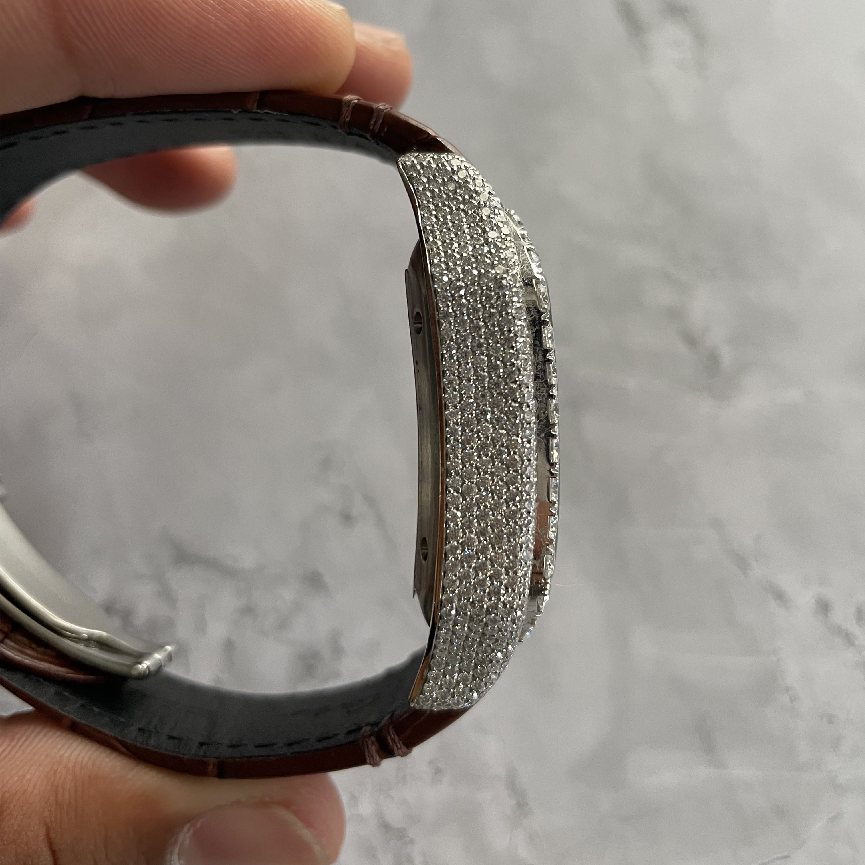 Moissanite Cartier Santos Diamond Watch in Leather Strap