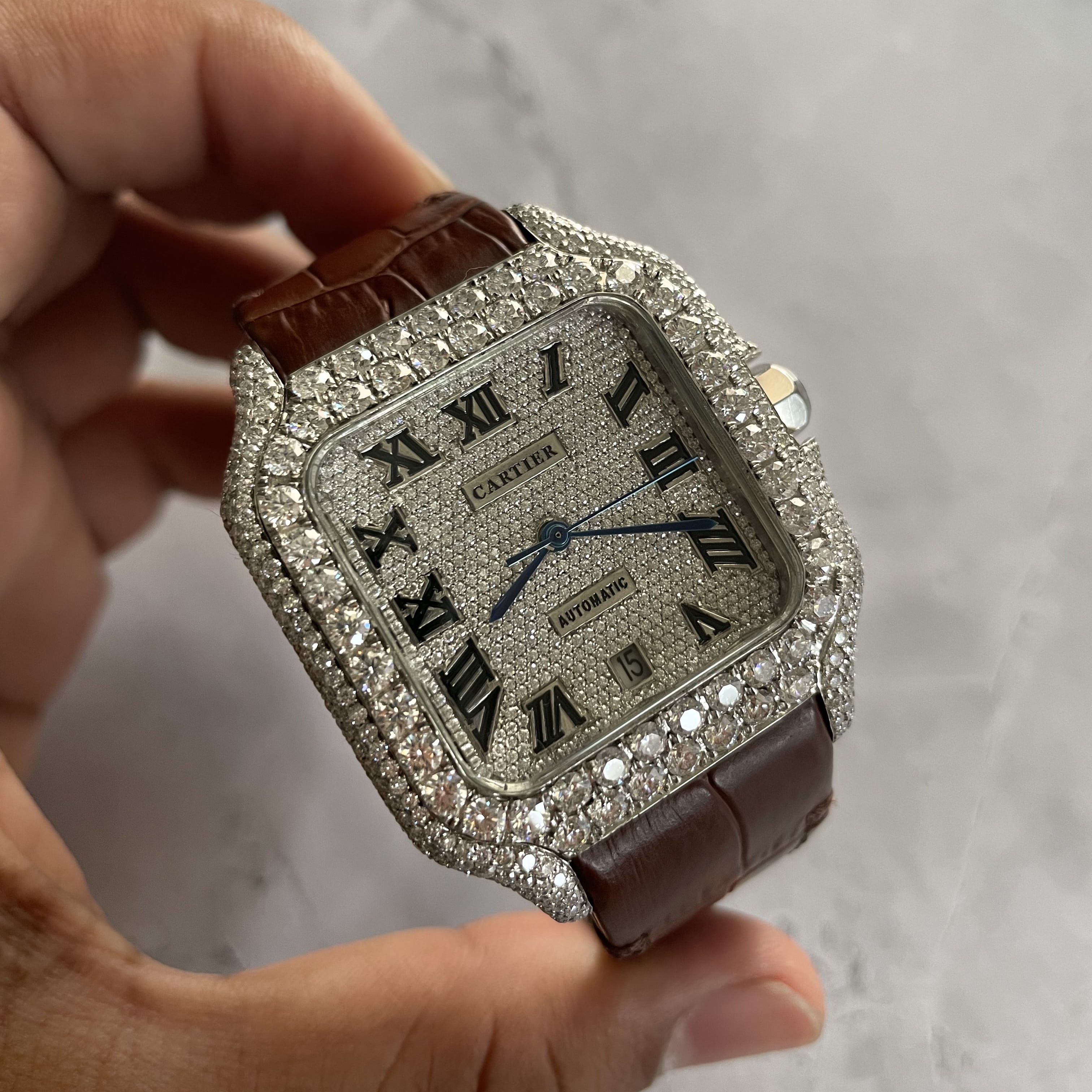 Moissanite Cartier Santos Diamond Watch in Leather Strap