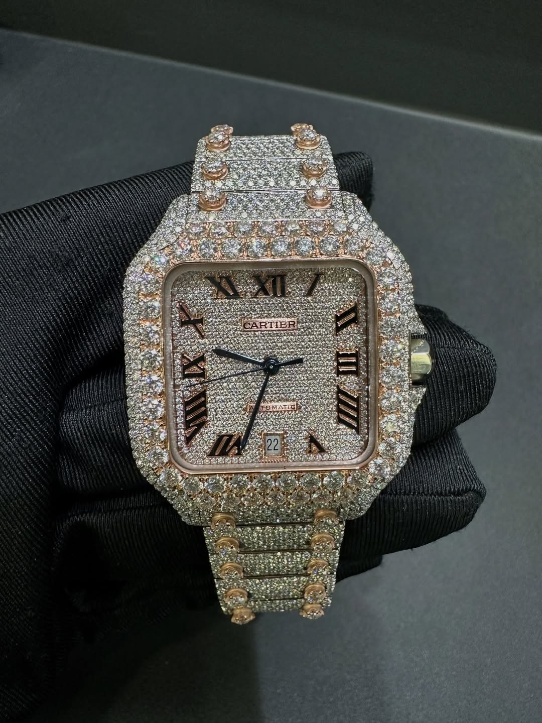 Full Iced Out Moissanite Cartier Santos Watch in Two-Tone Rose Gold with Spike Setting Bracelet and Paved Dial