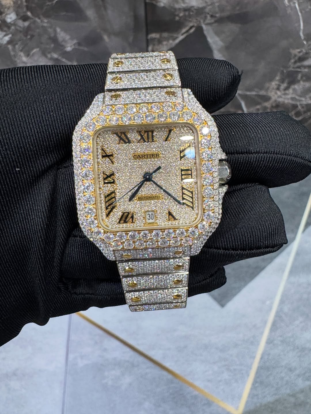 Iced Out Moissanite Cartier Santos Diamond Watch - Two-Tone Gold