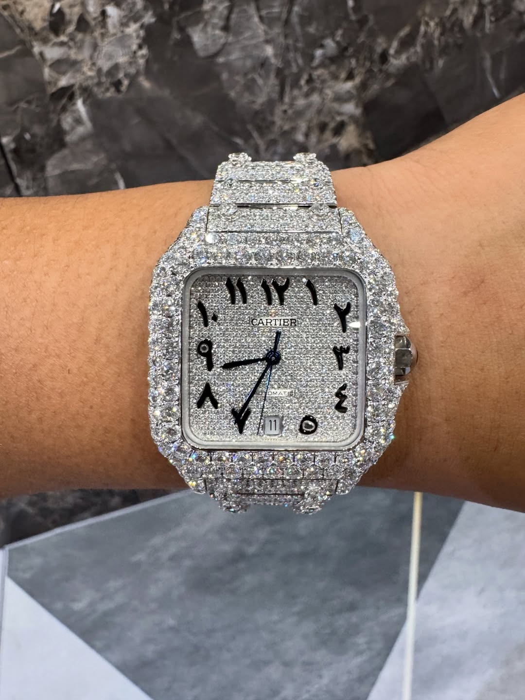 Moissanite Cartier Watch – Iced Out Santos with Arabic Dial