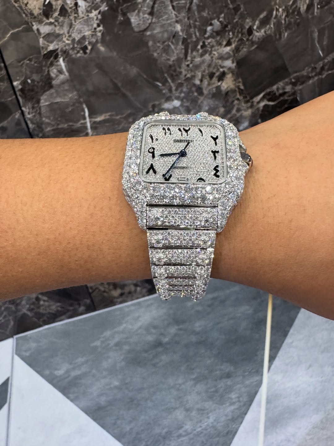 Moissanite Cartier Watch – Iced Out Santos with Arabic Dial