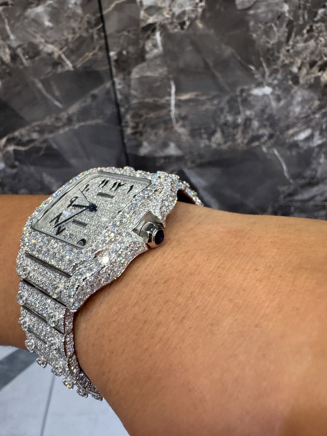 Moissanite Cartier Watch – Iced Out Santos with Arabic Dial