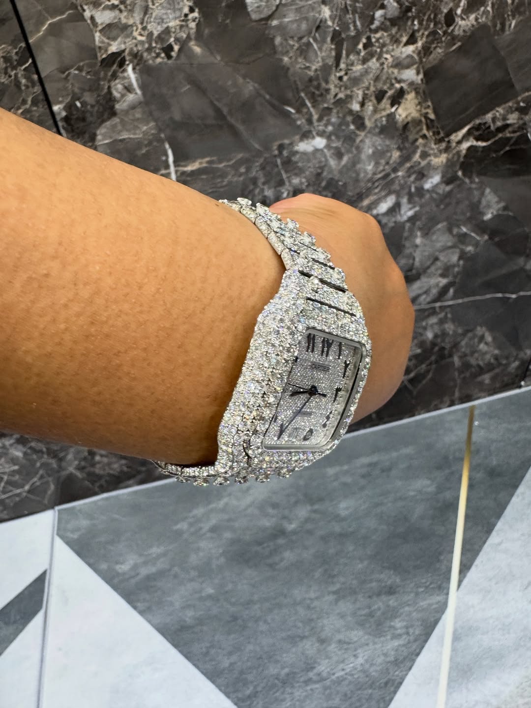 Moissanite Cartier Watch – Iced Out Santos with Arabic Dial