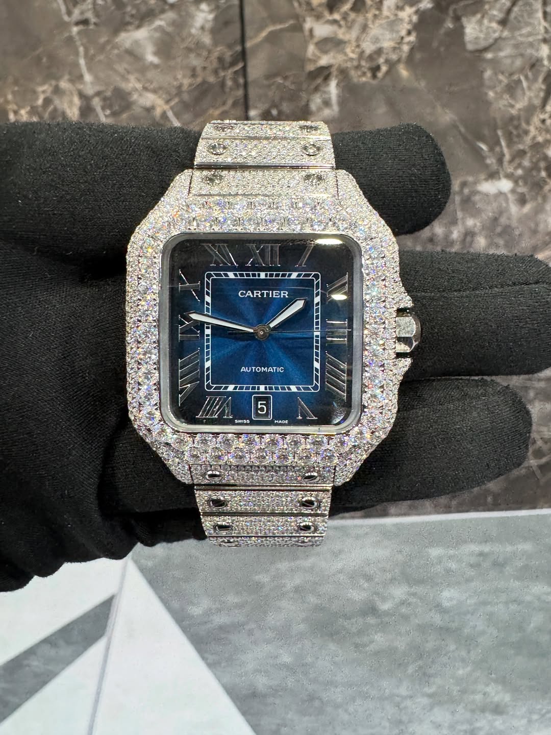 Moissanite Cartier Santos Watch - Blue Dial