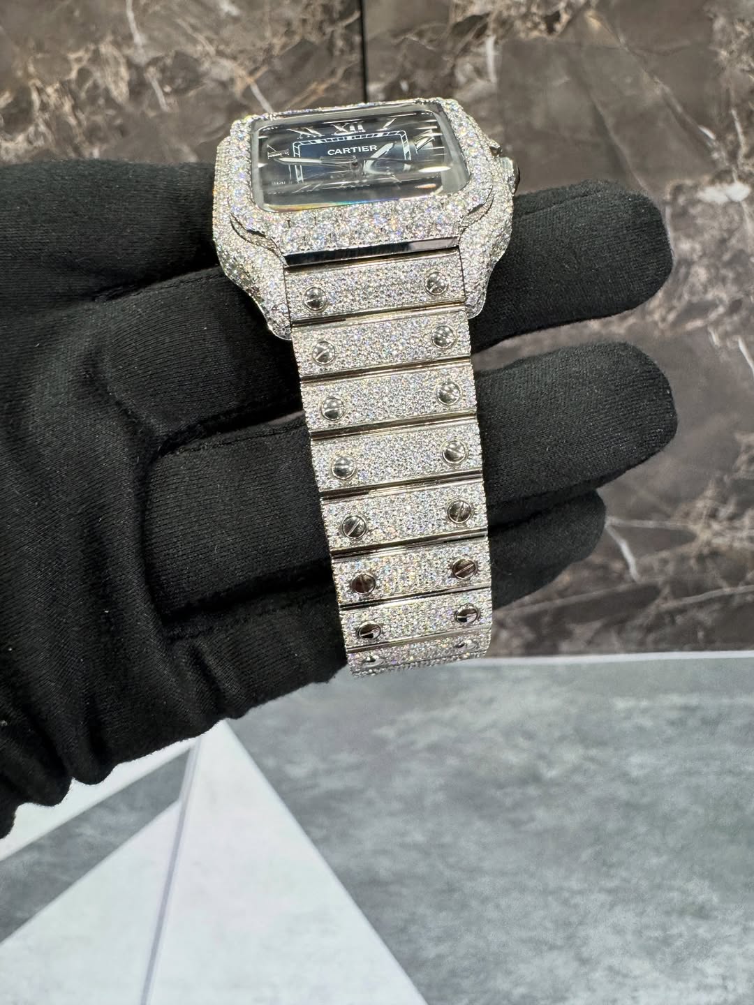 Moissanite Cartier Santos Watch - Blue Dial