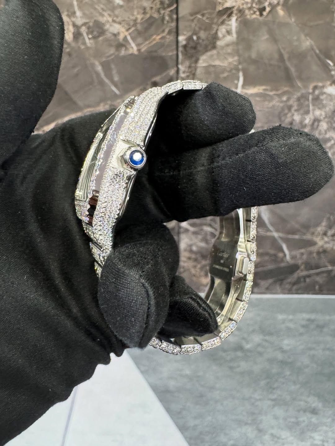 Moissanite Cartier Santos Watch - Blue Dial