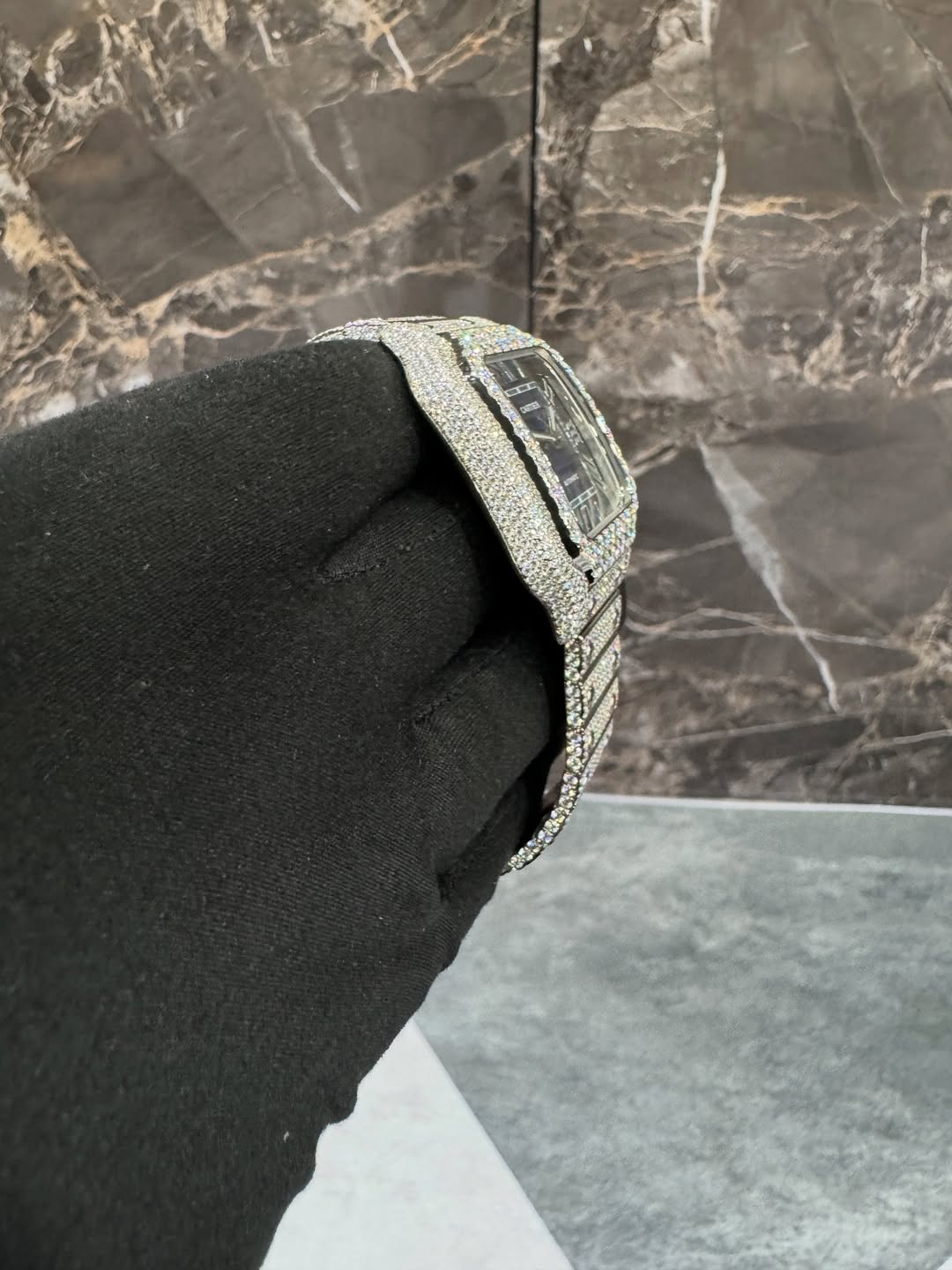 Moissanite Cartier Santos Watch - Blue Dial