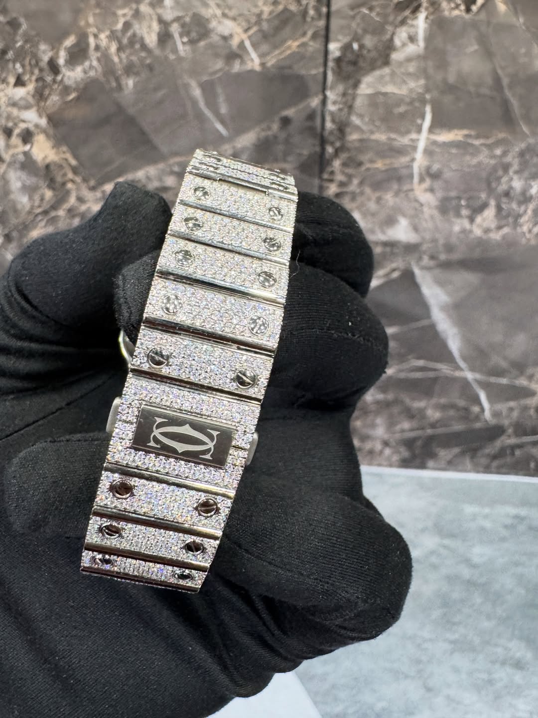 Moissanite Cartier Santos Watch - Blue Dial