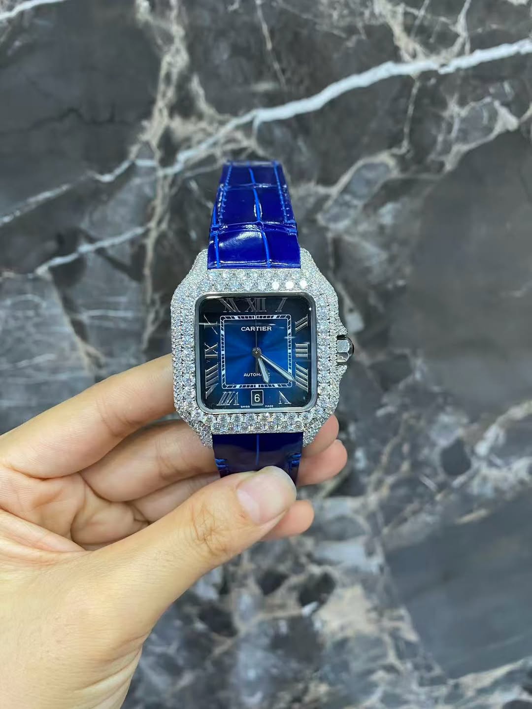 Moissanite Diamond Cartier Santos Watch - Iced Out Blue Dial & Strap