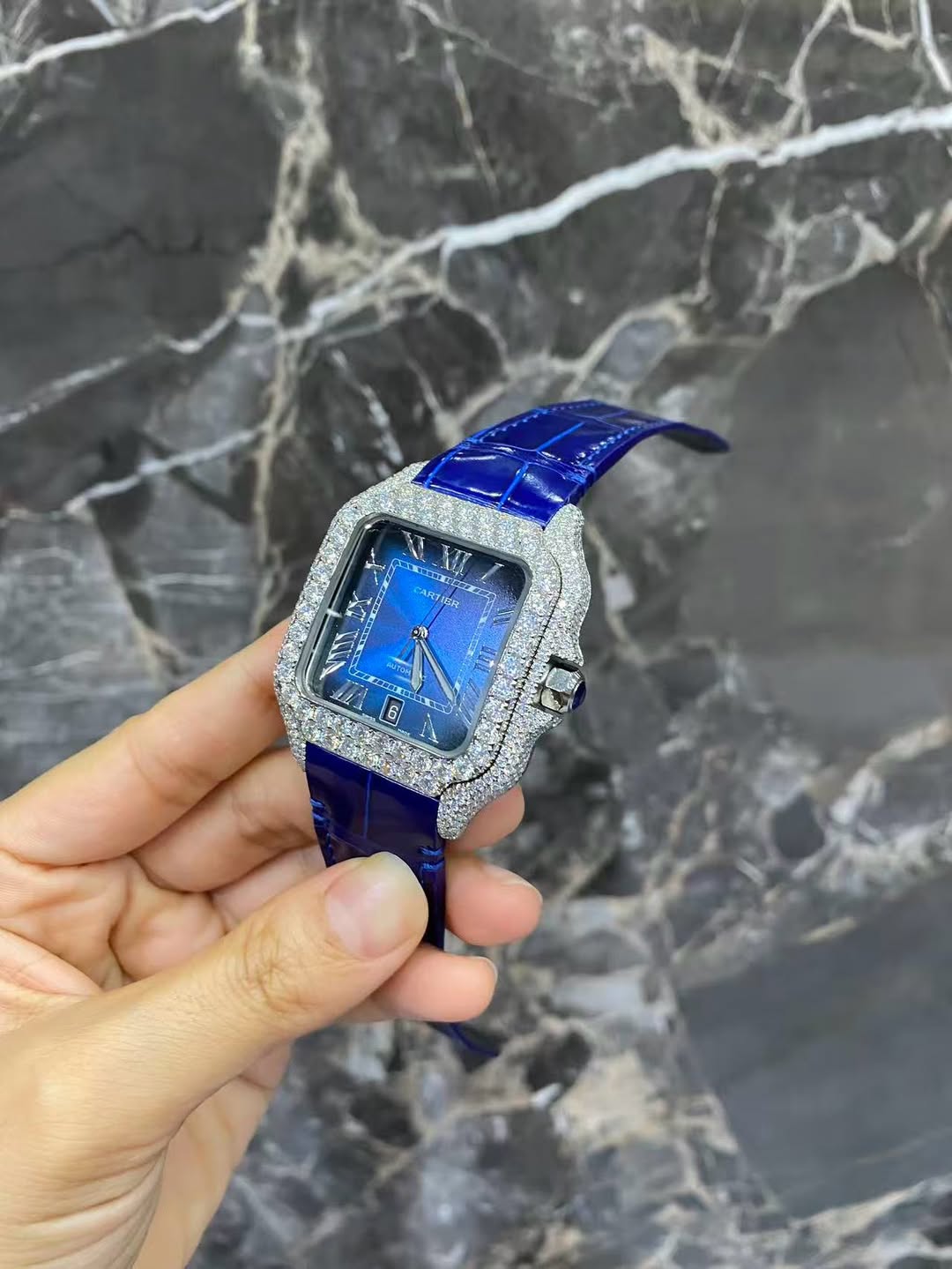 Moissanite Diamond Cartier Santos Watch - Iced Out Blue Dial & Strap