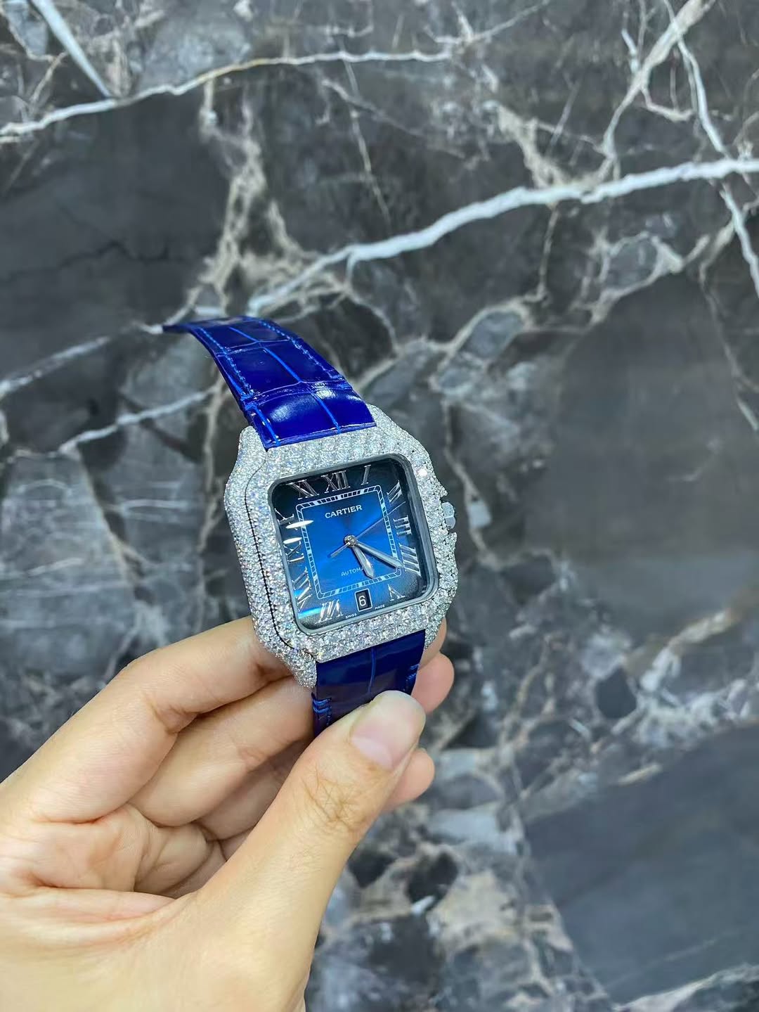 Iced Out Moissanite Cartier Santos Watch with Blue Dial and Blue Leather Strap
