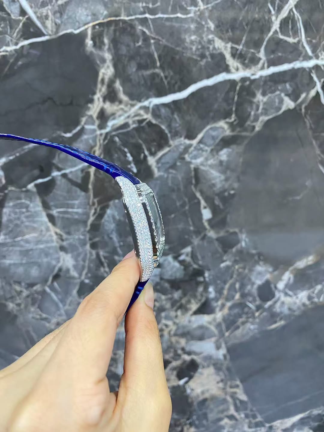 Moissanite Diamond Cartier Santos Watch - Iced Out Blue Dial & Strap