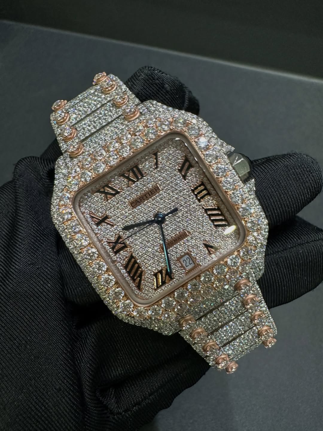 Full Iced Out Moissanite Cartier Santos Watch – Two-Tone Rose Gold Spike Setting