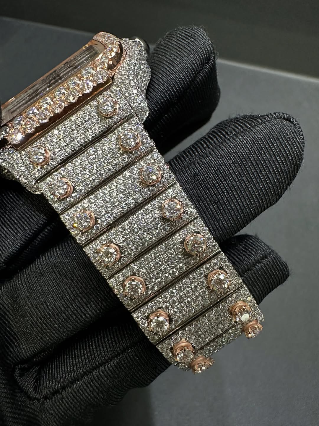 Full Iced Out Moissanite Cartier Santos Watch – Two-Tone Rose Gold Spike Setting