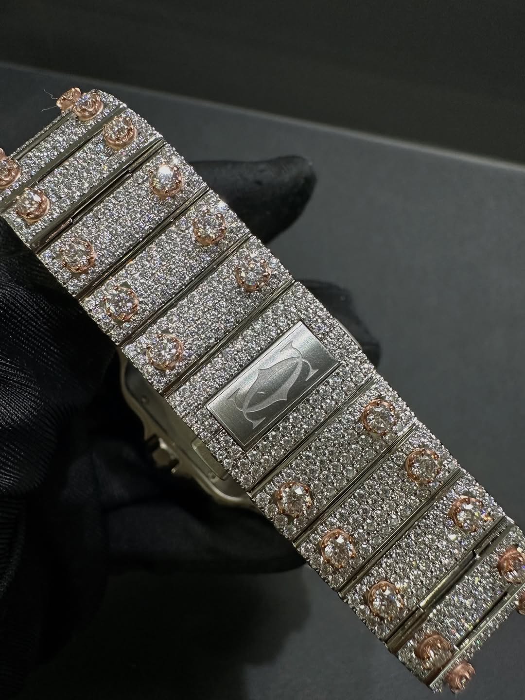 Full Iced Out Moissanite Cartier Santos Watch – Two-Tone Rose Gold Spike Setting