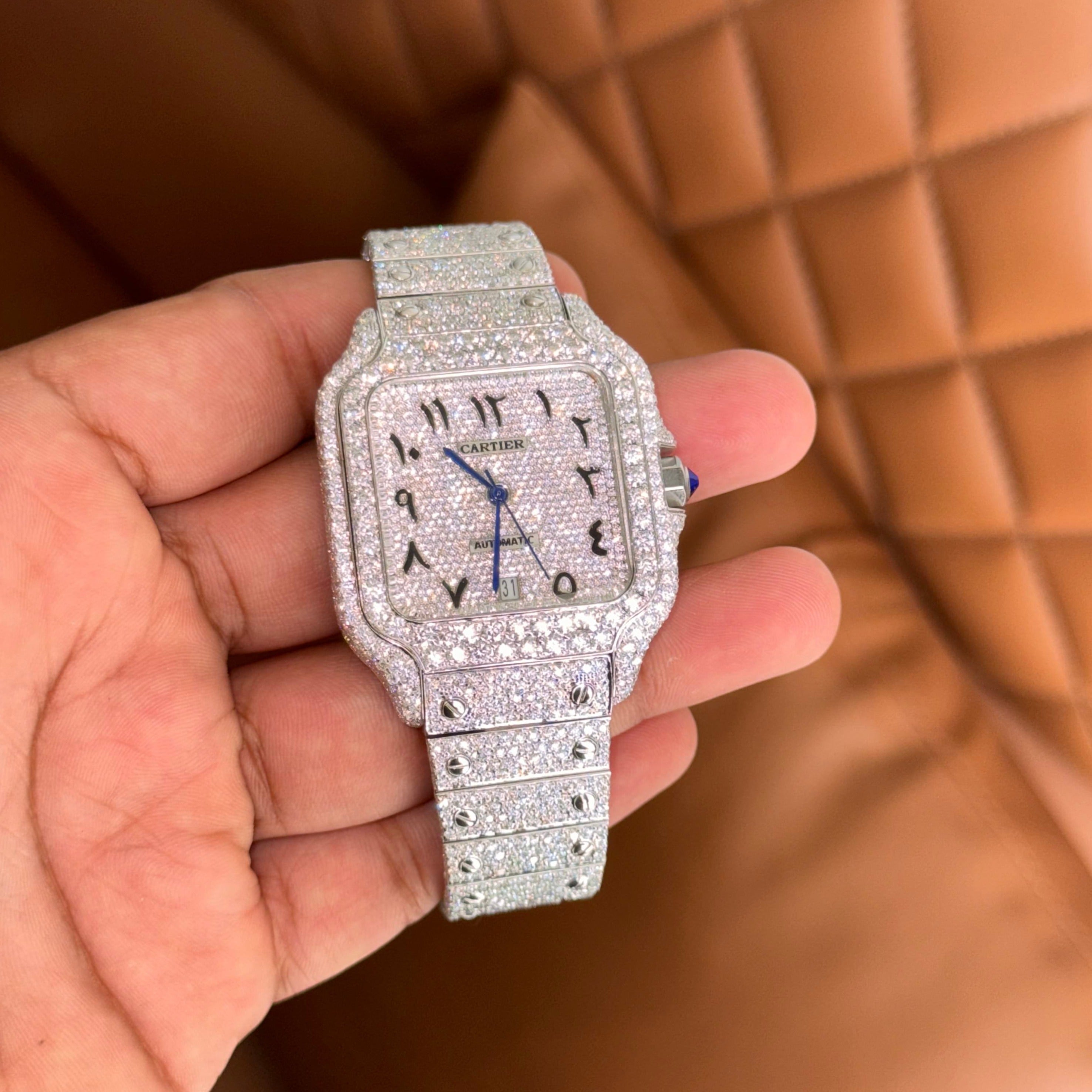 Moissanite Cartier Santos Watch in Arabic Dial - Iced Out Diamond Watch