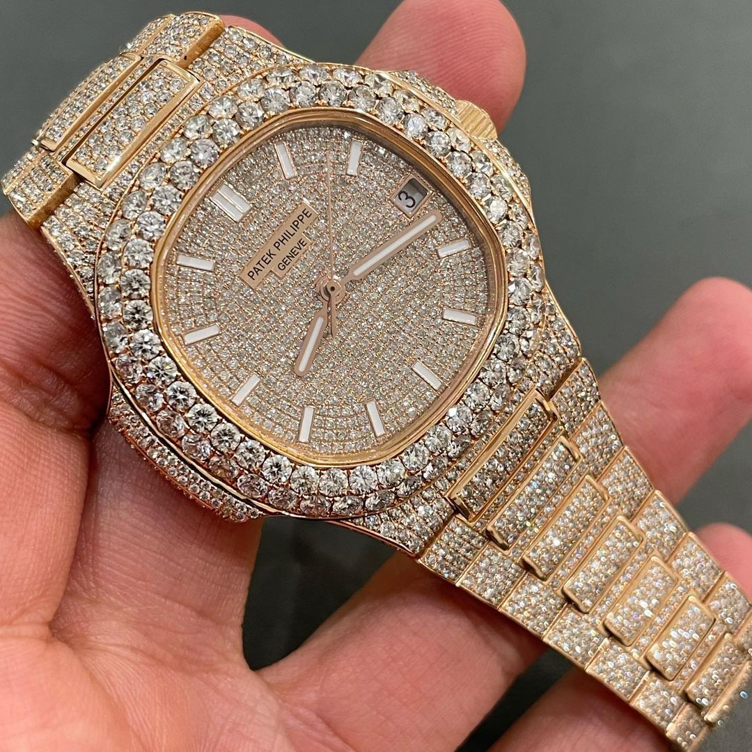 iced out patek philippe nautilus rose gold moissanite diamond watch