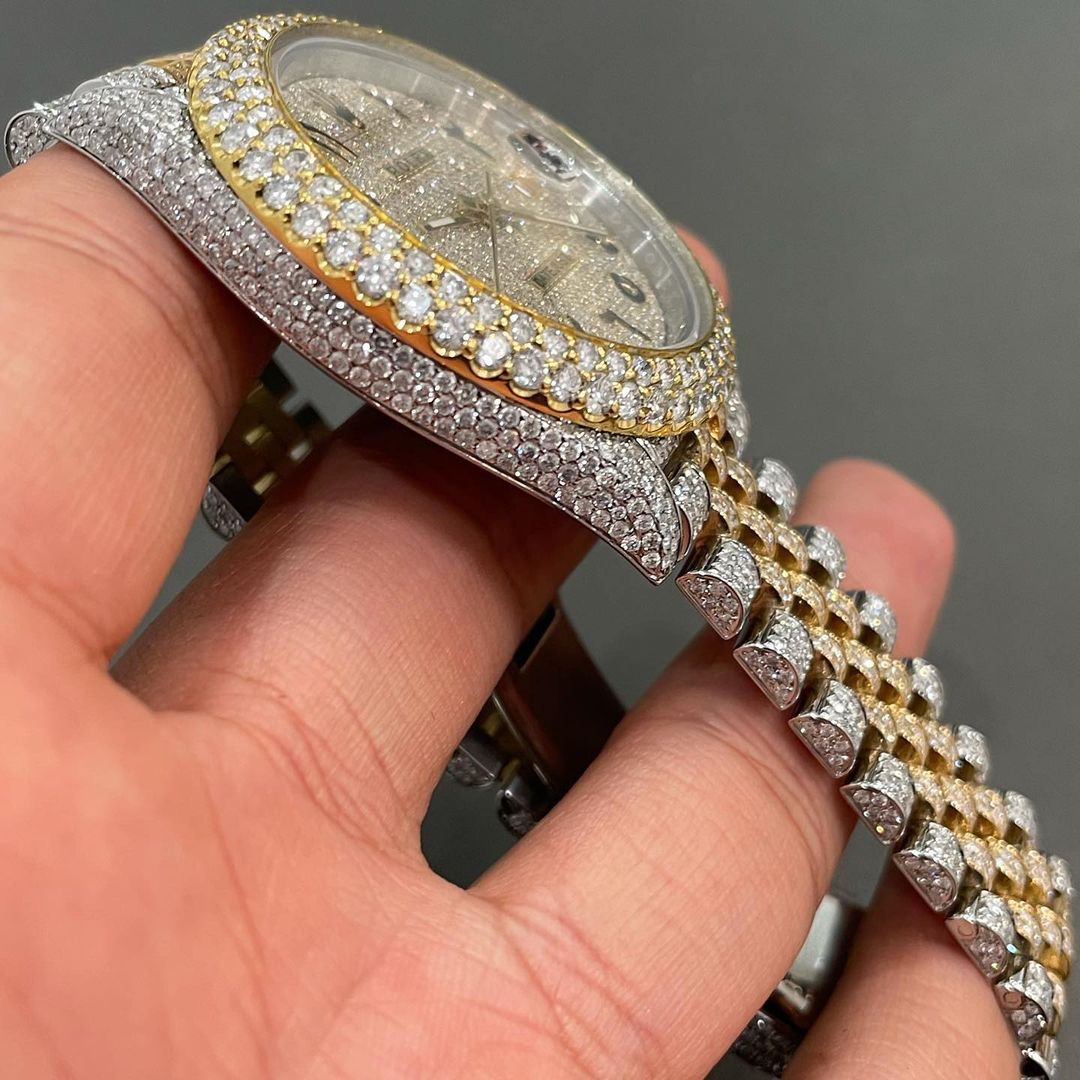 Rolex Date-Just Moissanite Diamond Watch | Iced Out Dual Tone Moissanite Watch | Moissanite Rolex Arabic Dial Watch