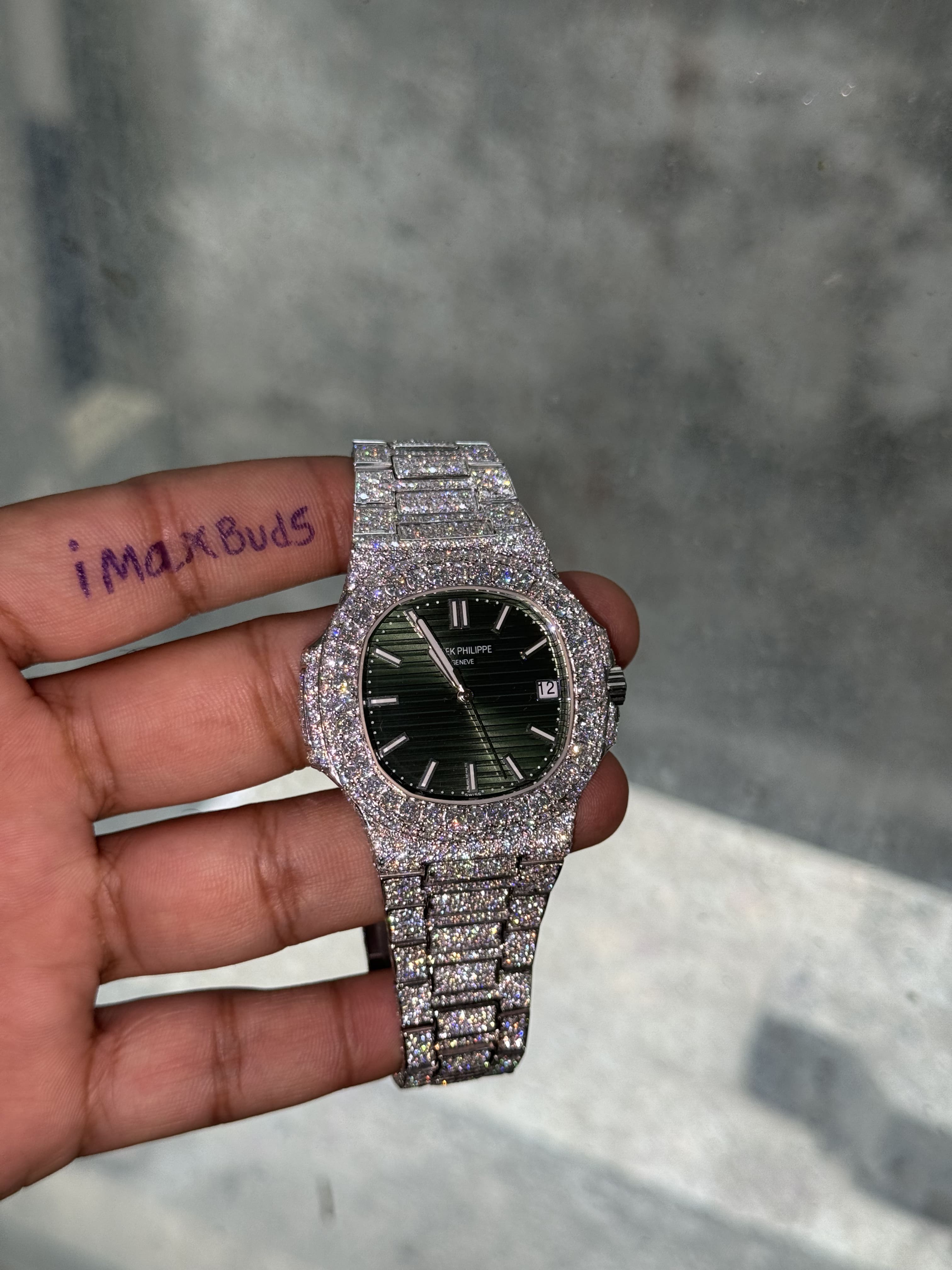 Front view Moissanite Patek Watch Green Dial