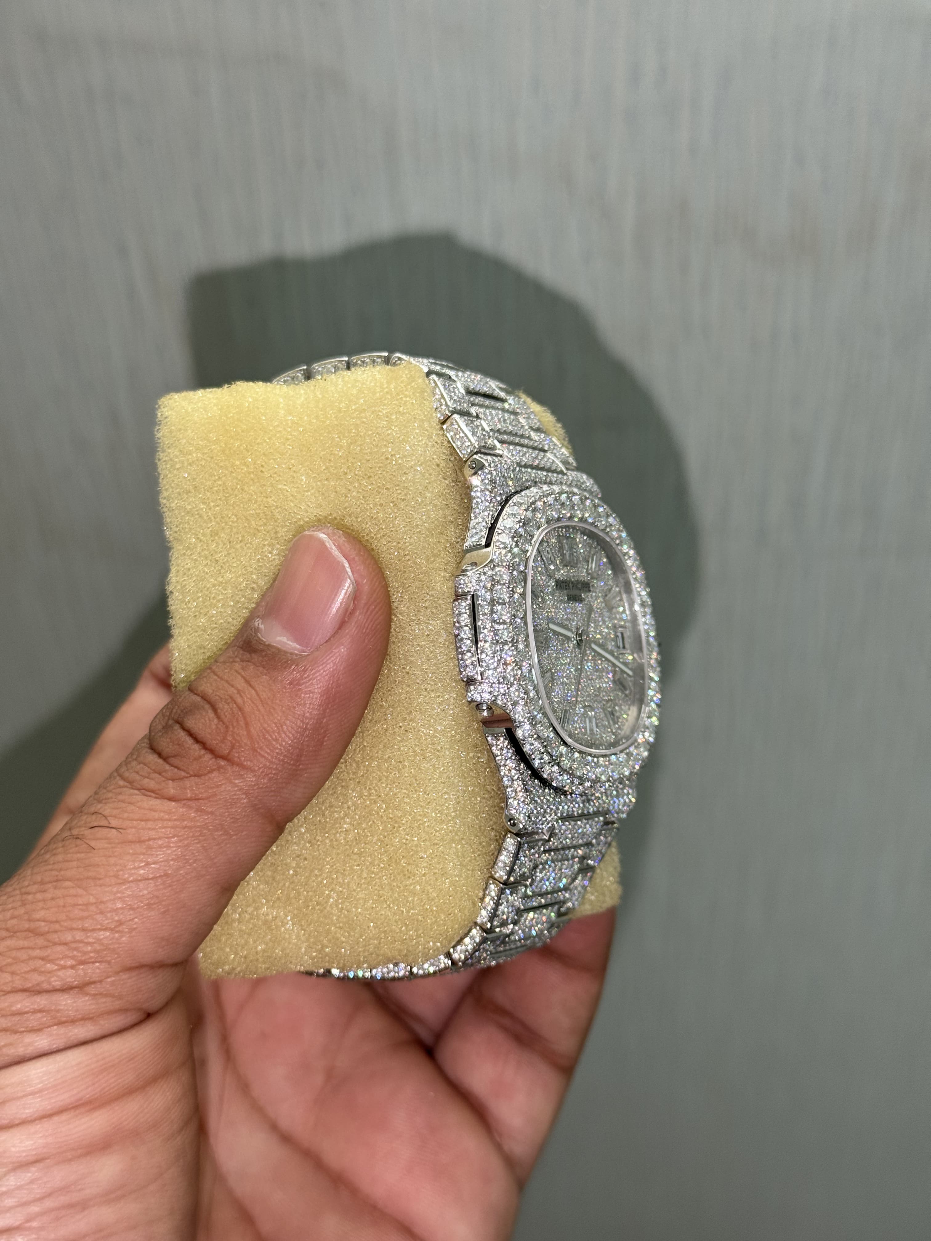 Fully buss down Patek Nautilus 5711 moissanite watch side profile