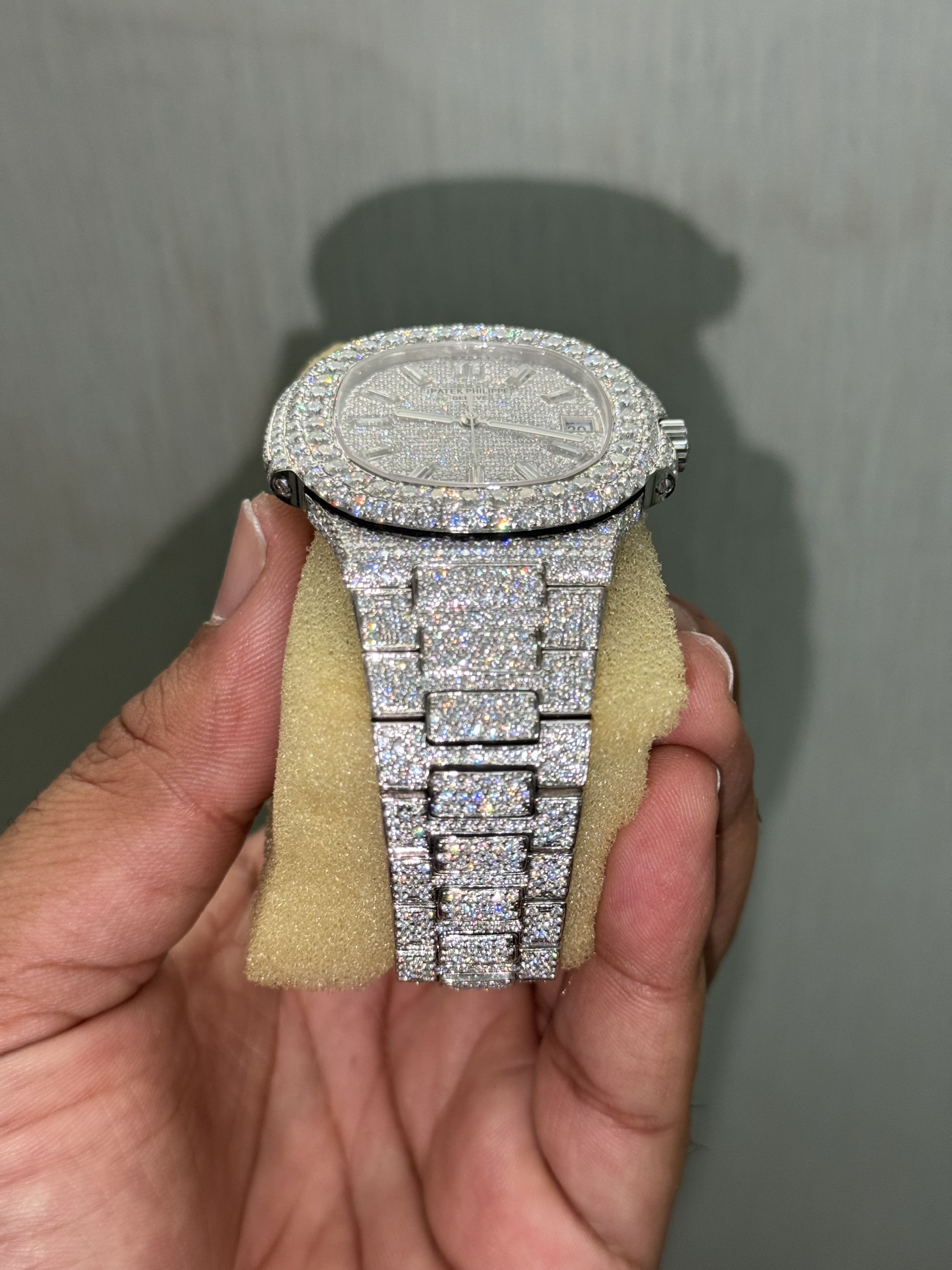 Custom Moissanite Patek Philippe Nautilus Watch - Full Pave Dial (Baguette Markers)