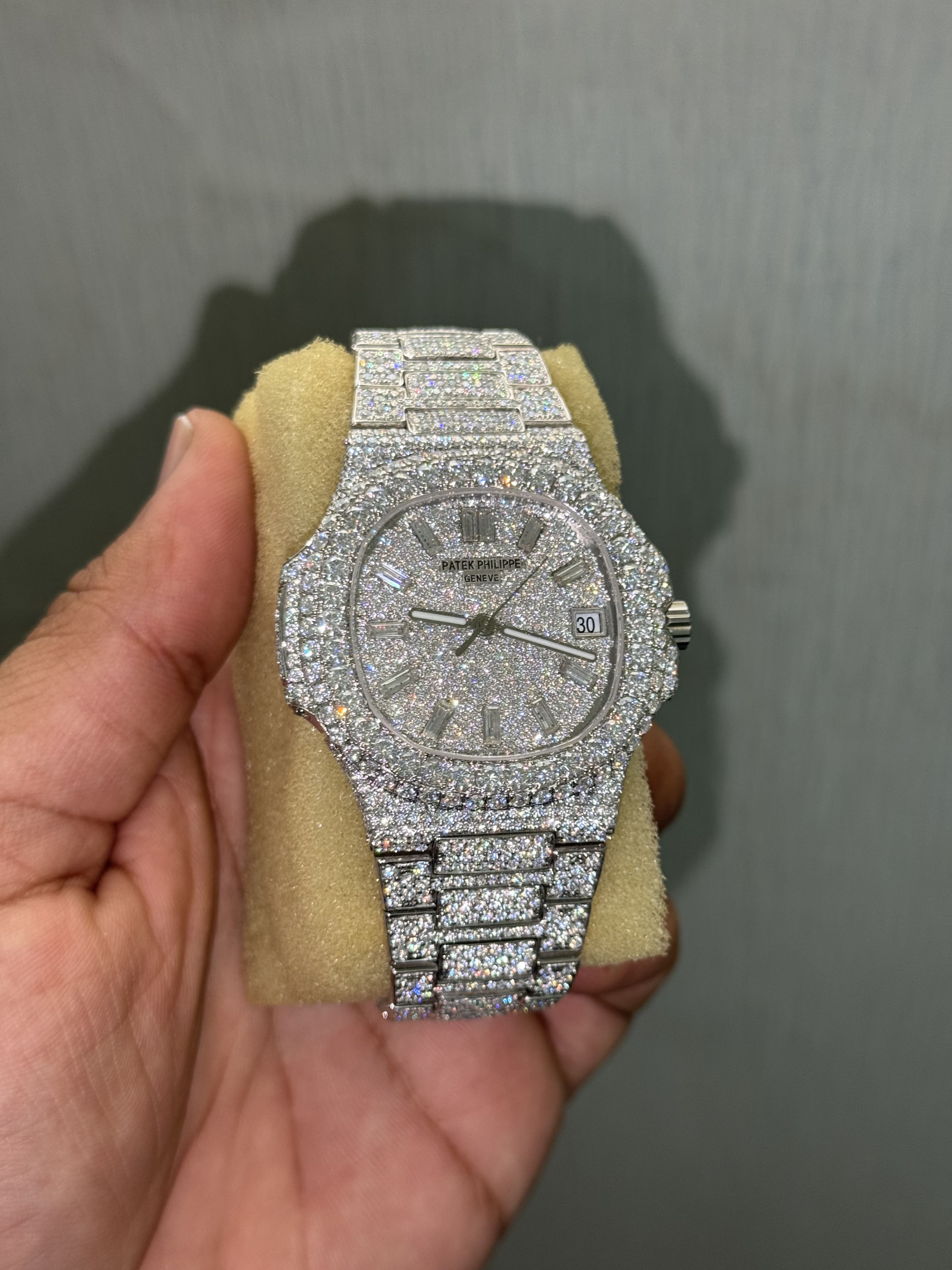 Custom Moissanite Patek Philippe Nautilus Watch - Full Pave Dial (Baguette Markers)