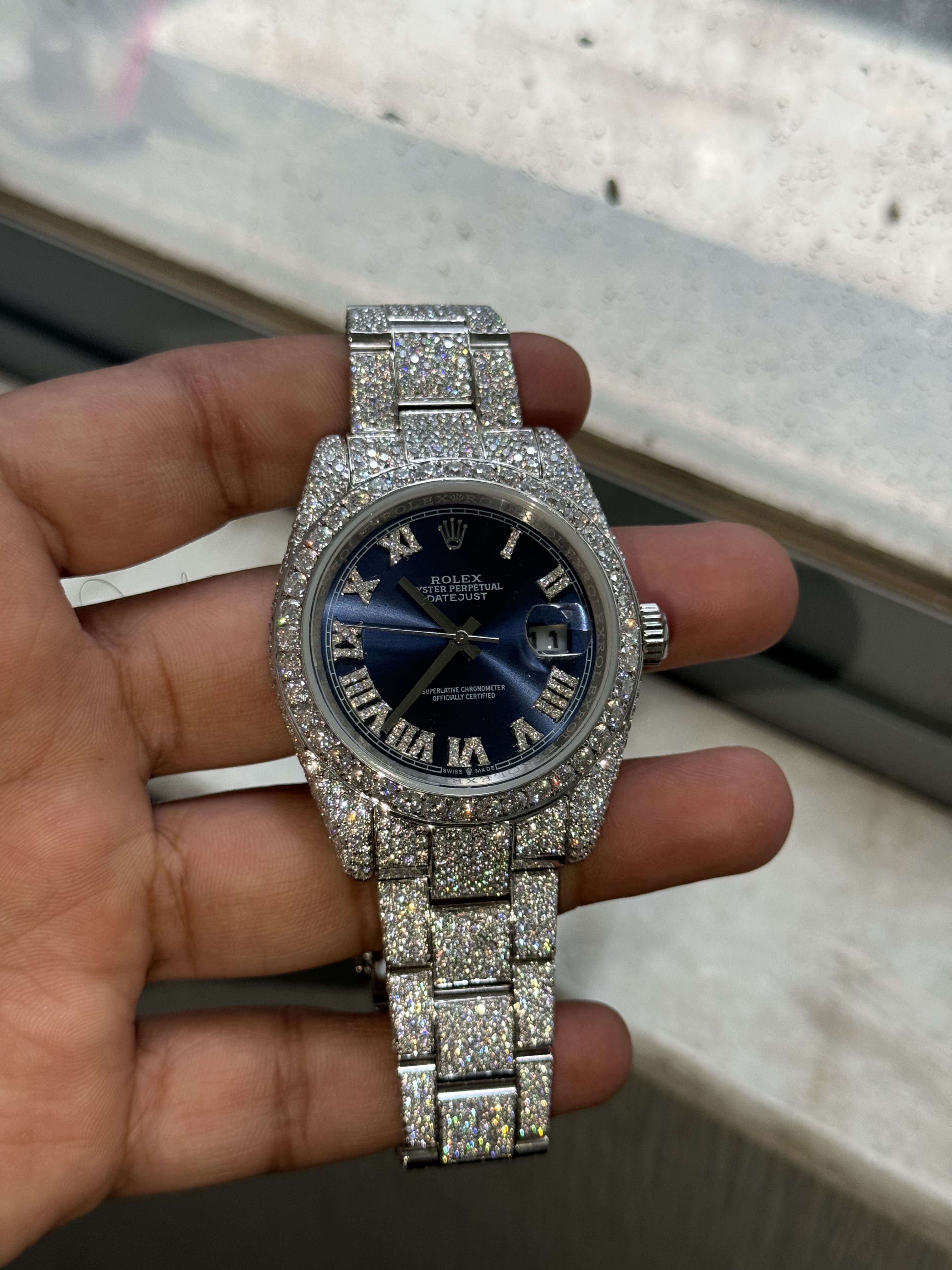 Custom Moissanite Rolex Datejust 41mm - Blue Dial (Full Buss Down)