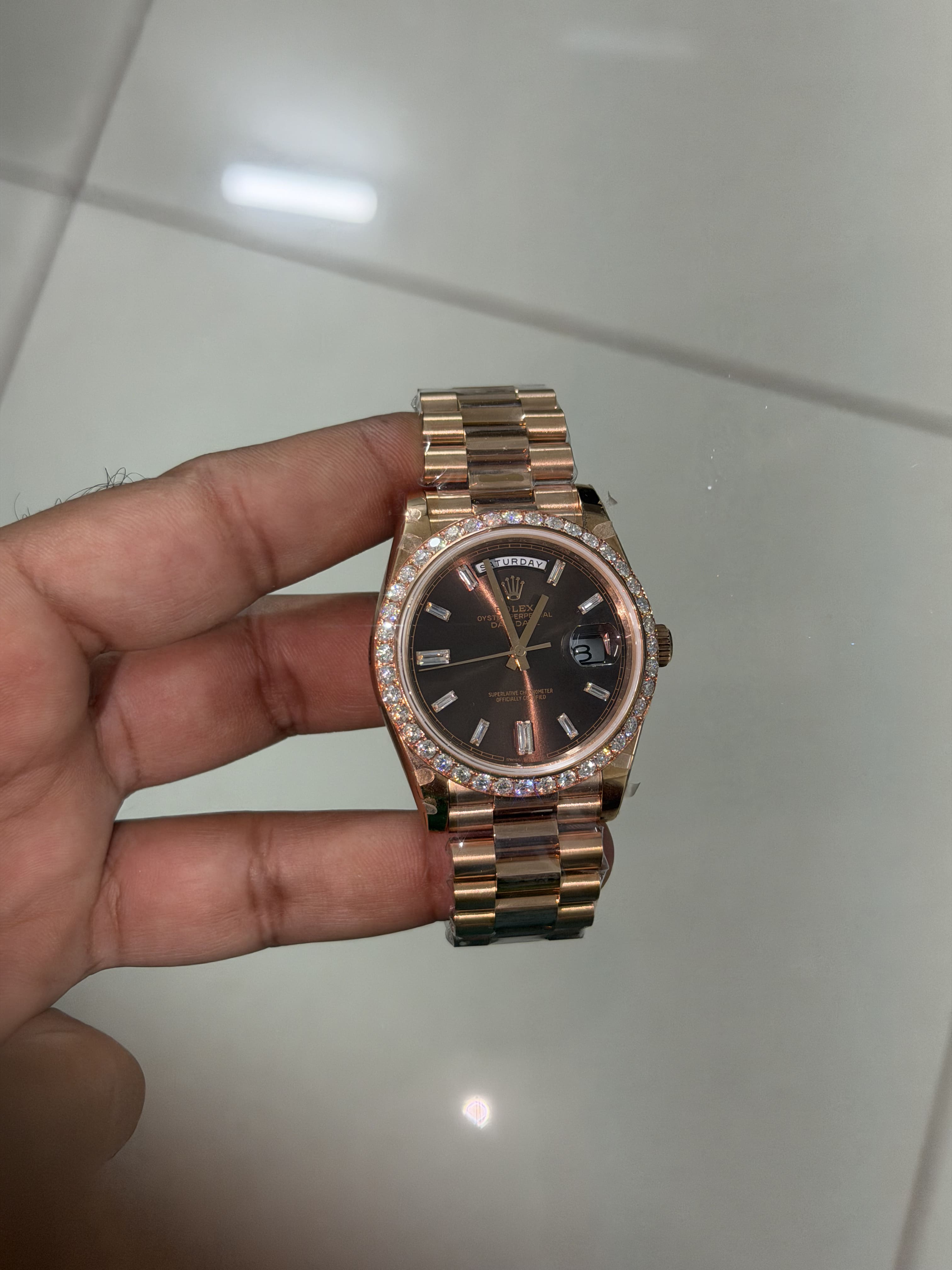 Custom Moissanite Rolex Day-Date Watch - Rose Gold (Diamond Bezel Edition)