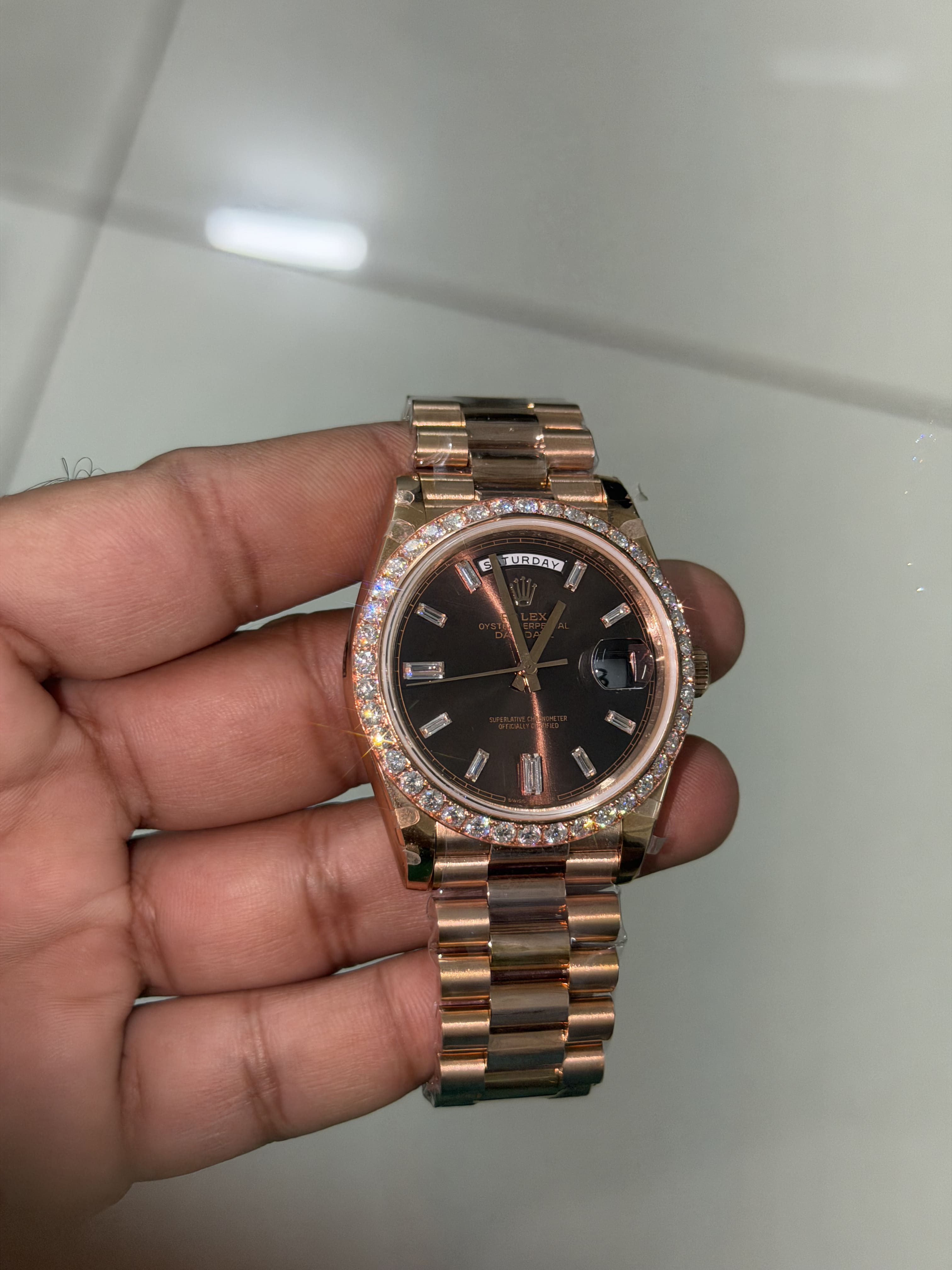 Custom Moissanite Rolex Day-Date Watch - Rose Gold (Diamond Bezel Edition)