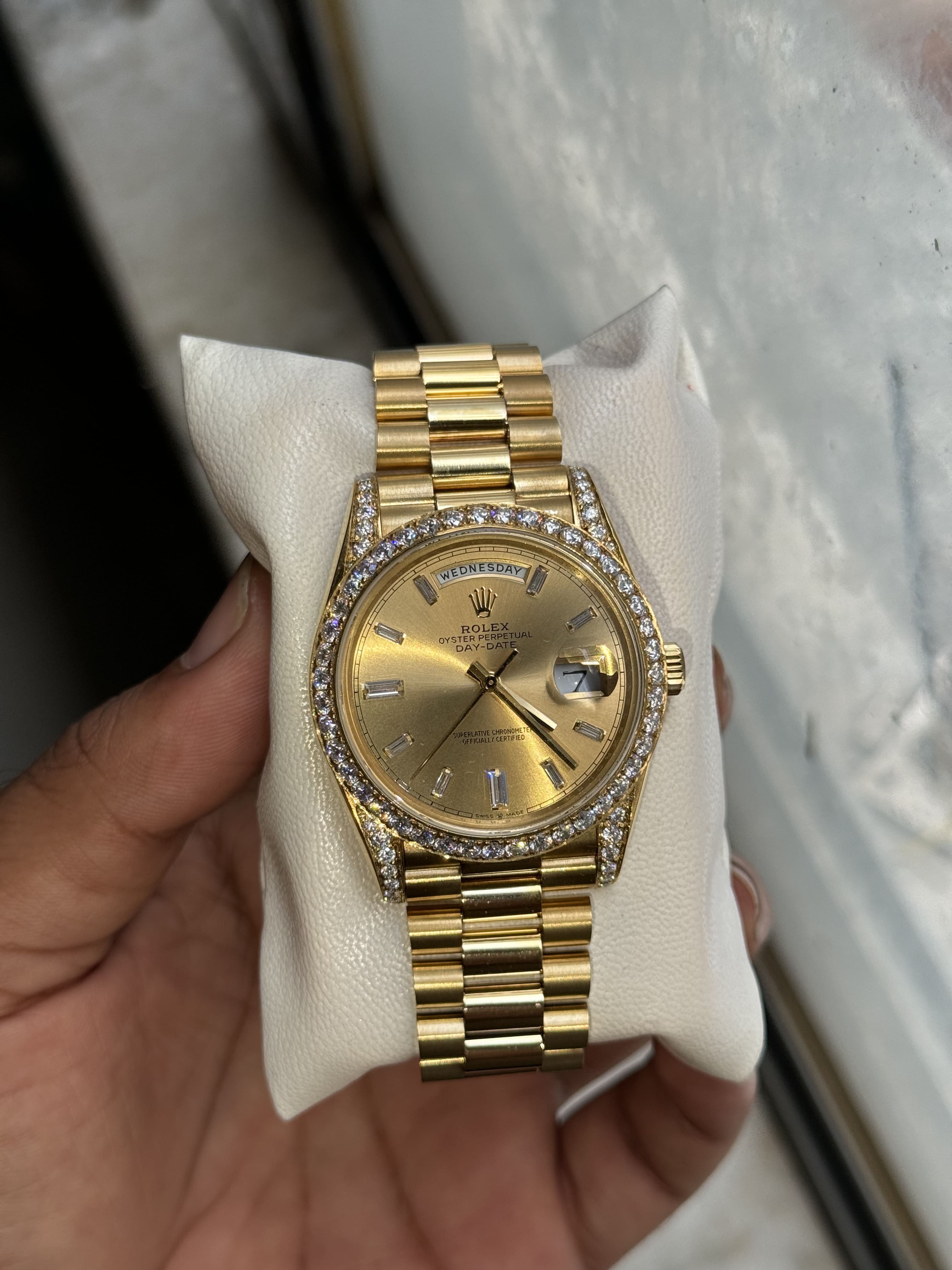 Yellow gold Moissanite Rolex Day-Date with round diamond bezel and lugs