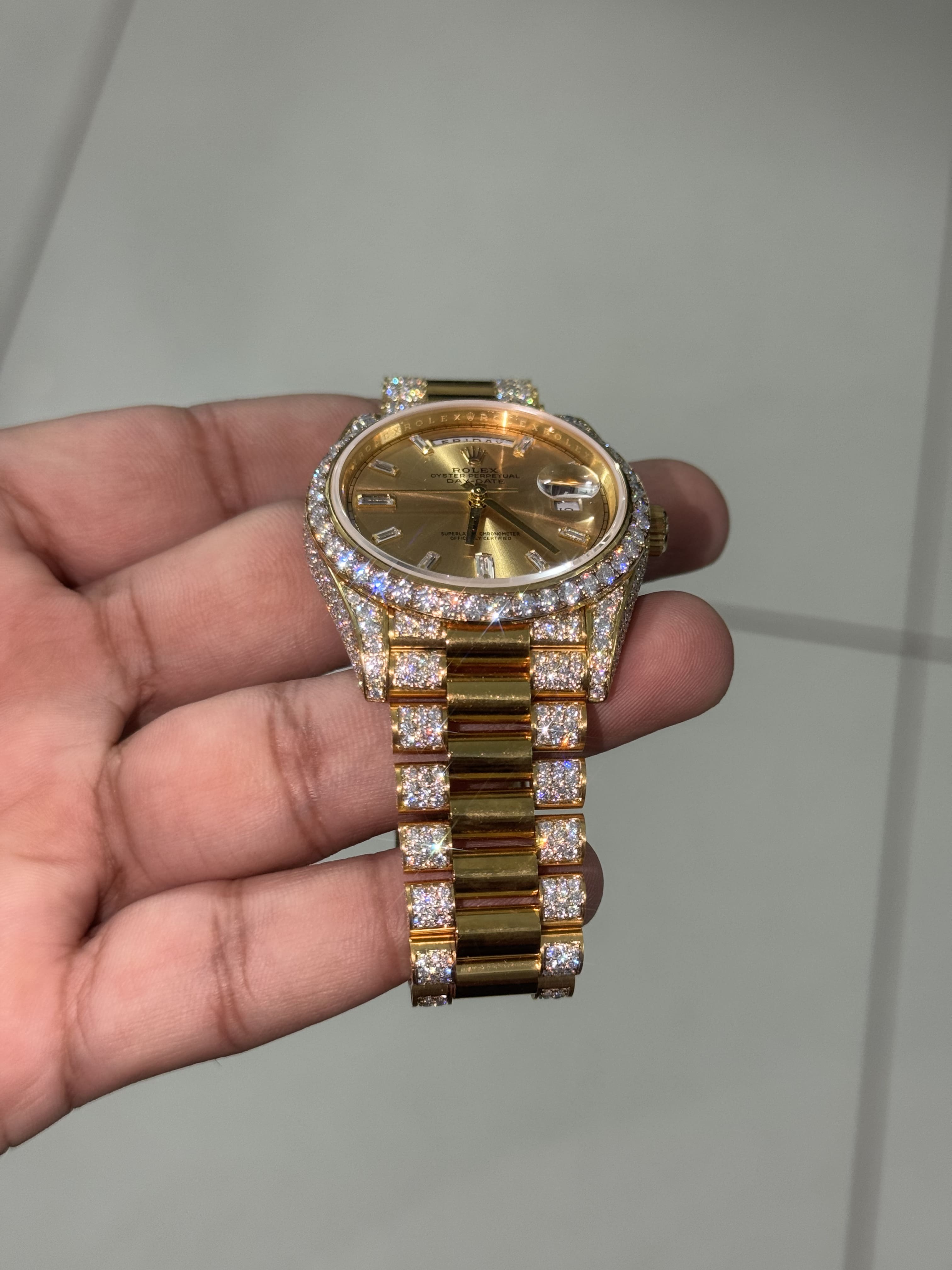 Custom Moissanite Rolex Day-Date - Yellow Gold (Diamond Dial & Semi-Set)