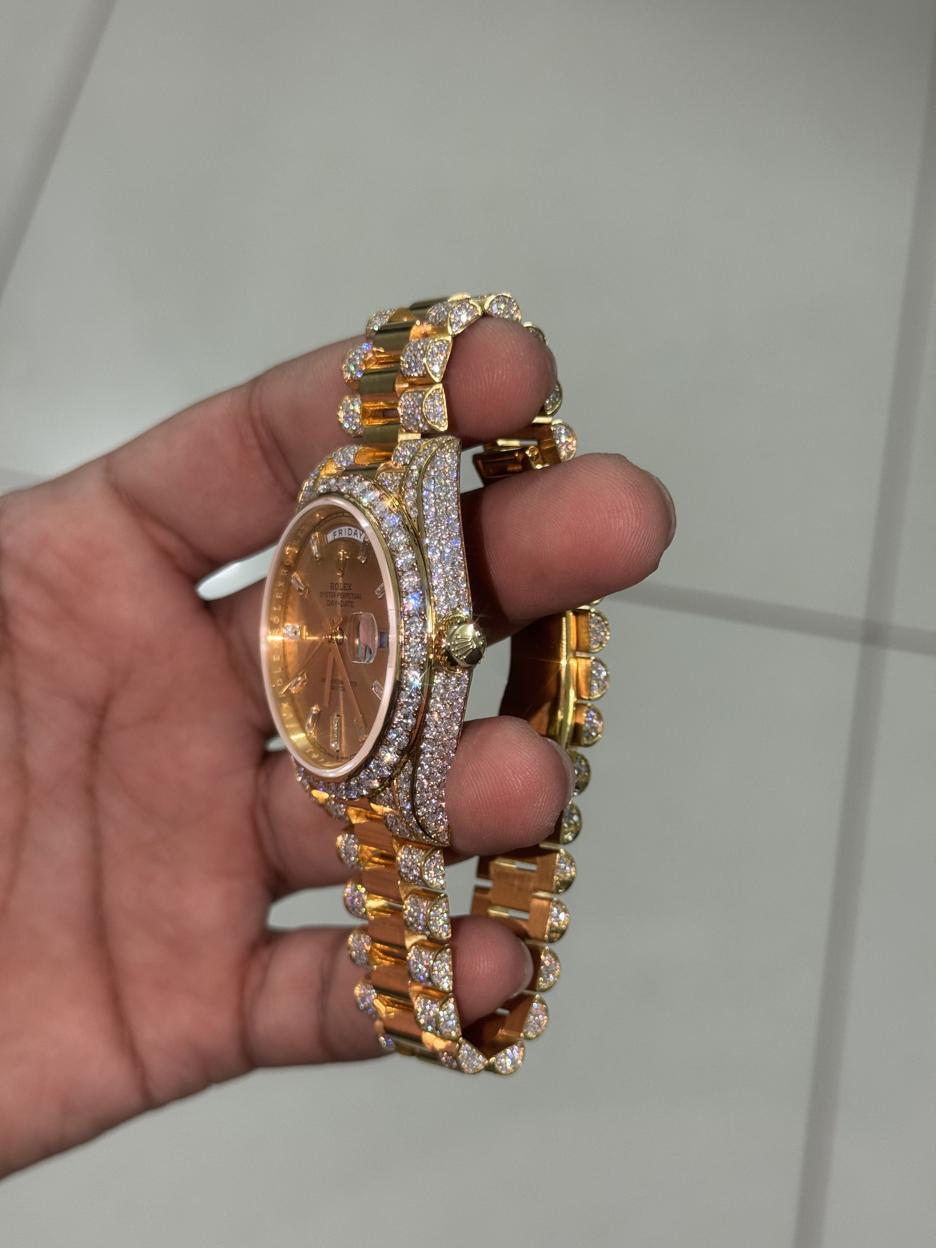 Custom Moissanite Rolex Day-Date - Yellow Gold (Diamond Dial & Semi-Set)