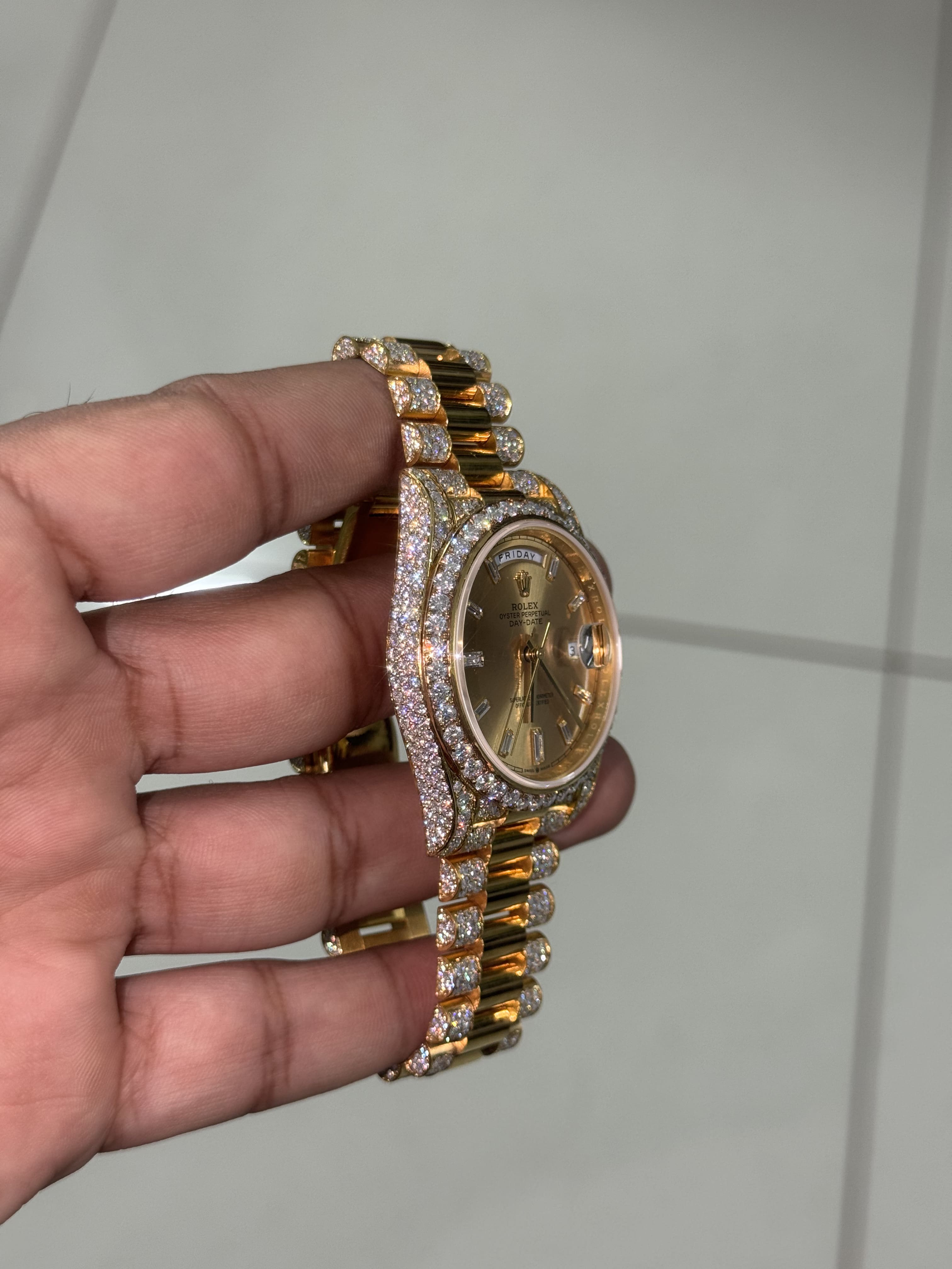 Custom Moissanite Rolex Day-Date - Yellow Gold (Diamond Dial & Semi-Set)