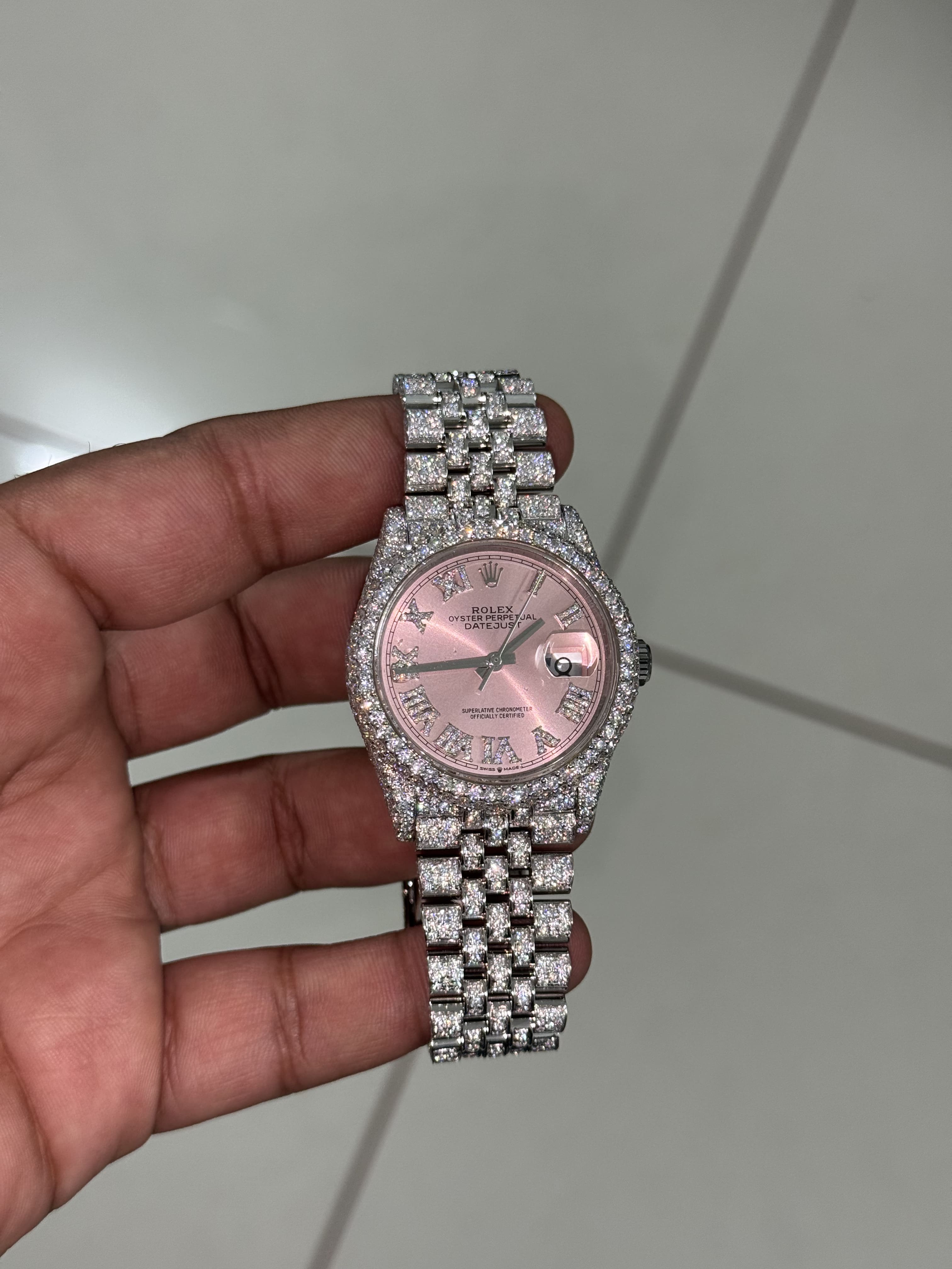 Custom Moissanite Rolex Lady Datejust - Pink Roman Dial (Full Buss Down)