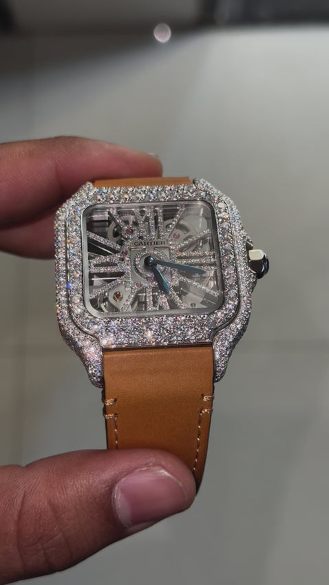 Iced Out Cartier Skeleton Moissanite Diamond Watch Brown Leather Strap video