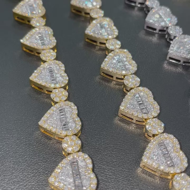 Iced Out Baguette Heart Tennis Moissanite Diamond Bracelet