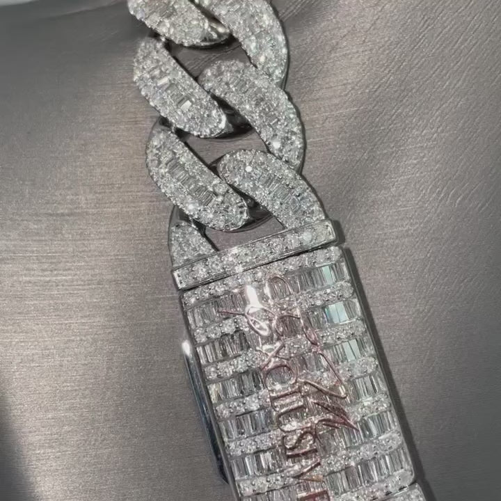 22MM Moissanite Cuban Link Baguette Diamond Chain - Custom Name On Lock