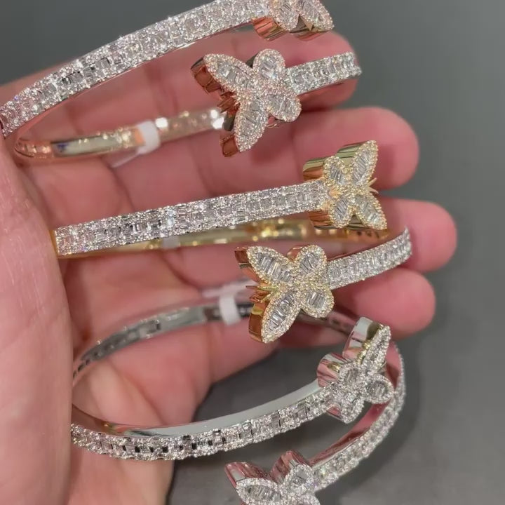 Moissanite Butterfly Baguette Diamond Bracelet - Open Cuff Bangle