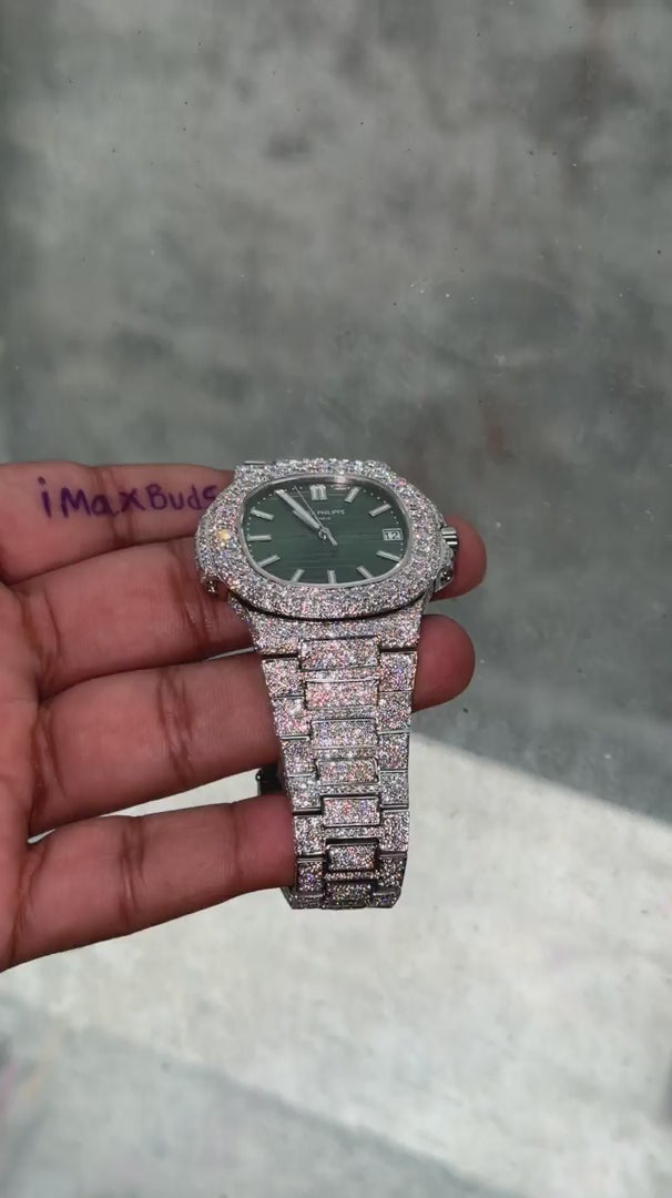 Custom Moissanite Patek Philippe Nautilus Watch - Green Dial (5711 Style)